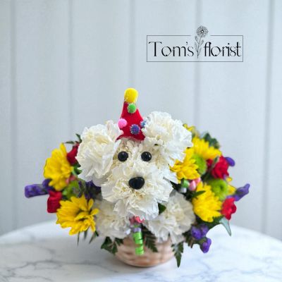 Tom's Florist Smyrna - Turning another year older is a lot more fun with our signature birthday a-DOG-able®! This party pooch arrives wearing a festive hat, surrounded by a mix of colorful blooms to liven up their celebration. A great gift idea for any age, he’s here to deliver your best wishes in truly original style.






