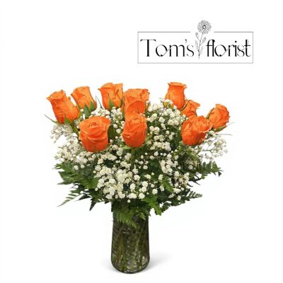 Tom's Florist Smyrna - Vibrant and full of energy, this arrangement features one dozen premium orange roses accented with soft baby’s breath and rich greenery, all artfully arranged in a classic clear glass vase.

Orange roses symbolize enthusiasm, passion, and admiration — making them a bold and beautiful choice for celebrations, thank-you gifts, or just because.

Includes vase and baby’s breath.

Please Note: To ensure availability of orange roses, we kindly ask for at least one day’s notice when placing your order. Flower varieties and greenery may vary slightly based on seasonal availability.