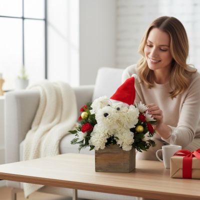Tom's Florist Smyrna - Who’s that doggie delivering holiday magic? It’s our very own Santa Paws! Crafted from a merry mix of blooms and ornaments, he’s decked out in a festive Santa hat to unleash Christmas cheer on family and friends. Perched in our grey-washed wooden cube featuring soft, natural tones and textures, it’s a keepsake they’ll treasure for years to come.