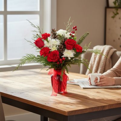 Tom's Florist Smyrna - This arrangement brings the festive season to life with its elegant combination of deep red roses, crisp white chrysanthemums, and seasonal greenery. Accented with bright red berries and rustic pinecones, Winterberry Bliss is a perfect touch of holiday warmth. The striking red vase completes the look, making this a stunning addition to any holiday décor or a delightful gift to share the joy of the season.