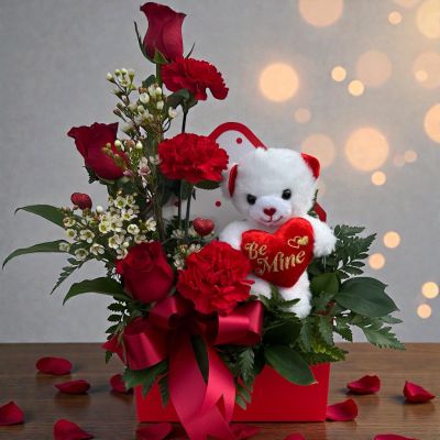 Tom's Florist Smyrna - Say it with flowers—and a little extra sweetness. This charming envelope-style flower box features a beautiful arrangement of fresh roses and soft carnations, carefully styled to create a romantic and elegant look. Nestled among the blooms is an adorable white teddy bear holding a red heart that reads “Be Mine,” adding the perfect touch of love and whimsy.

Finished with a graceful bow on the envelope box, this arrangement is ideal for Valentine’s Day, anniversaries, or simply to let someone special know how much they mean to you. A heartfelt gift that combines florals, charm, and romance in one unforgettable presentation.