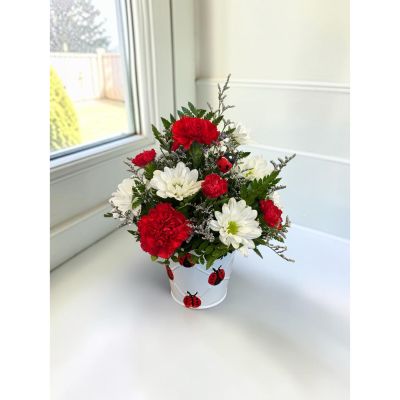 Tom's Florist Smyrna - Bring a little luck and a lot of smiles with our Lucky Ladybug arrangement. Designed in a charming white tin decorated with adorable ladybugs, this cheerful arrangement features a beautiful mix of fresh red and white flowers accented with a whimsical ladybug pick. Its bright colors and playful design make it a wonderful gift for birthdays, get-well wishes, thank-you gifts, or simply to brighten someone's day.

Approximately 12 inches tall, this delightful arrangement is the perfect size for a desk, table, or countertop.
