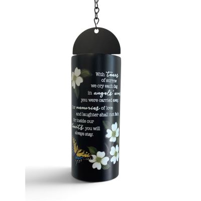Tom's Florist Smyrna - A soothing and thoughtful tribute to a loved one, our 22" Cylinder Sonnet Wind Chime from our Sympathy Collection offers both a peaceful sound and a heartfelt sentiment. Crafted from durable powder-coated steel and metal, this wind chime features a beautiful, UV-printed message:

"With tears of sorrow we cry each day, in angels' arms you were carried away. Our memories of love and laughter shall not fade, for inside our hearts you will always stay."

The chime's cylinder measures 3" in diameter and 7 1/2" in length, with an overall length of 22". It also includes an adjustable striker to customize the sound to your preference.

This meaningful wind chime arrives in its own box, wrapped in ribbon, ready for gifting. For those wishing to honor their loved one at the service, a display stand is also available for purchase to showcase the wind chime during the ceremony. A beautiful, lasting reminder of the ones we hold dear.