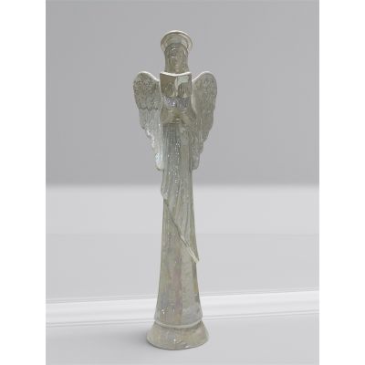 Tom's Florist Smyrna - This stunning iridescent angel figurine captures the light with a soft, shimmering glow crafted with a delicate detail. Its graceful wings and serene pose bring a sense of peace and elegance to any space perfect as a gift or a cherished addition to your collection.

This figurine measures 15” which is about the size of a 2-liter soda bottle 
