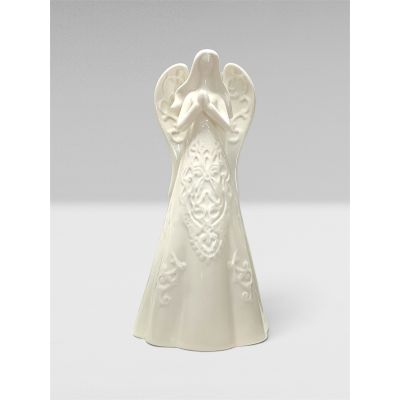 Tom's Florist Smyrna - This 10” hand-painted porcelain angel figurine beautifully captures a moment of peace and devotion. The solid white angel, with its embossed design on the front of her dress and wings, is depicted in a serene, prayerful pose. Symbolizing comfort, faith, and spiritual strength, this angel makes a thoughtful and meaningful addition to any sympathy gift, offering a source of solace and reflection during times of loss.

This figure measures 10" tall- about the height of a sheet of printer paper.