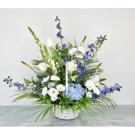 Tom's Florist Smyrna - A mixture of roses, delphinium, daisies, hydrangea, arranged in a basket. Enjoy the convenience of same-day flower delivery, ensuring your thoughtful gift arrives just in time.