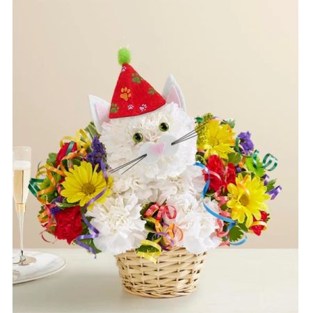 Tom's Florist Smyrna - Every birthday party needs a party animal…especially one as cute as ours! Our truly original kitty is handcrafted from crisp white carnations and surrounded by a mix of colorful blooms, creating a unique 3D design. Arriving inside a charming handled basket and ready to celebrate—accented with a party hat and colorful curling ribbon—this whimsical whiskered pal is the “purr-fect” pick for wishing someone special a day full of fun…no matter what age they’re turning! 