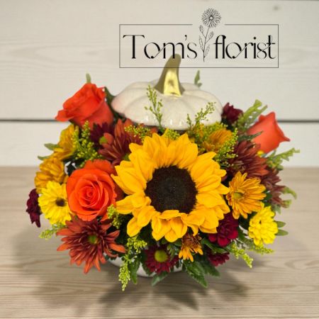 Tom's Florist Smyrna - EXCLUSIVE A plentiful mix of blooms gives our autumn arrangement an undeniable charm. Loosely gathered in fall tones, it’s the perfect contrast to our modern-styled pumpkin. Featuring a white satin finish, crackle detail and rich golden accents, this harvest-inspired container is perfect for repurposing.