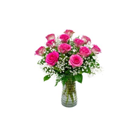 Tom's Florist Smyrna - Soft, graceful, and full of charm, this bouquet features one dozen premium pink roses accented with airy baby’s breath and lush greenery, all elegantly arranged in a classic clear glass vase.

Pink roses are perfect for expressing admiration, gratitude, or gentle affection — making this arrangement ideal for birthdays, celebrations, or just because.

Includes vase and baby’s breath.

Please Note: Flower varieties and greenery may vary slightly based on seasonal availability.