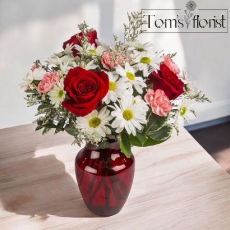 Tom's Florist Smyrna - Add a touch of romance and elegance to any celebration with our Red and White Delight arrangement. Set in a vibrant red vase, this stunning bouquet features deep red roses, soft pink carnations, and pure white daisies, creating a perfect balance of passion, tenderness, and freshness. Ideal for expressing love, admiration, or celebrating an anniversary, this arrangement is a heartfelt gift that will leave a lasting impression. Whether for a special occasion or just because, Red and White Delight is sure to brighten any room and any heart.