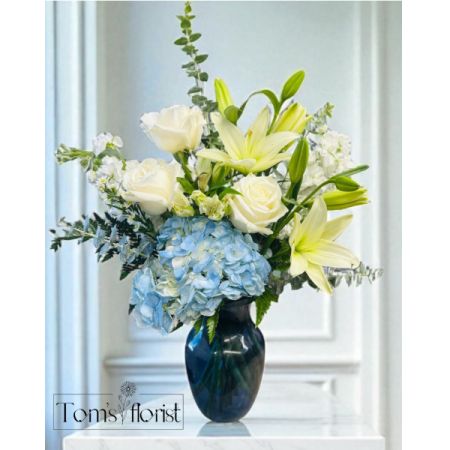 Tom's Florist Smyrna - Soft, serene, and beautifully composed, Quiet Blooms offers a graceful expression of peace and presence. Designed in a calming blue vase, this arrangement features elegant white roses, lilies, alstroemeria, and stock, complemented by a single blue hydrangea for a touch of depth and quiet strength.

Whether you're offering comfort, marking a meaningful moment, or simply sharing a sense of calm beauty, Quiet Blooms is a timeless way to speak from the heart—with softness, thoughtfulness, and grace.