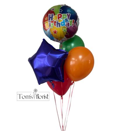 Tom's Florist Smyrna - Celebrate in style with our vibrant Birthday Balloon Clusters! Choose from a small or large cluster to elevate the occasion. Balloon styles will vary depending on availability, ensuring you get a fresh and exciting selection each time.

Our Small Balloon Cluster features 1 mylar birthday balloon, 1 mylar star balloon in a coordinating color, and 3 latex balloons in complementary colors, creating a fun and festive look.

For a bigger statement, our Large Balloon Cluster includes 2 mylar birthday balloons, 2 mylar star balloons in coordinating colors, and 5 latex balloons in matching colors, perfect for making your celebration extra special.

Whether you're celebrating a milestone or simply sending a cheerful message, our birthday balloon options are sure to add joy to any occasion.