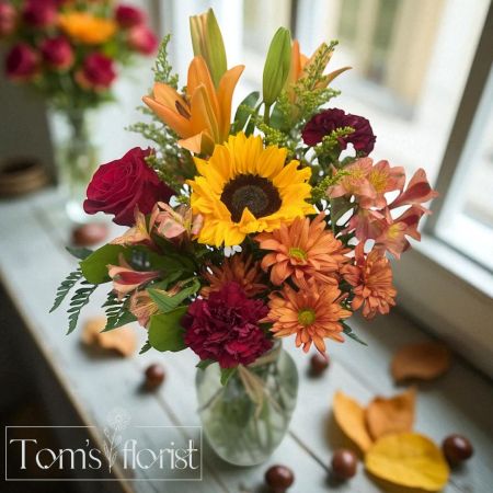 Tom's Florist Smyrna - A beautiful fall arrangement with a nice mix of blooms. It has a garden inspired feel, arranged with different heights to give dimension.
It reflects a full look without being overly formal.


Perfect for bringing warmth and joy to any room or gifting a splash of seasonal sunshine to someone special.