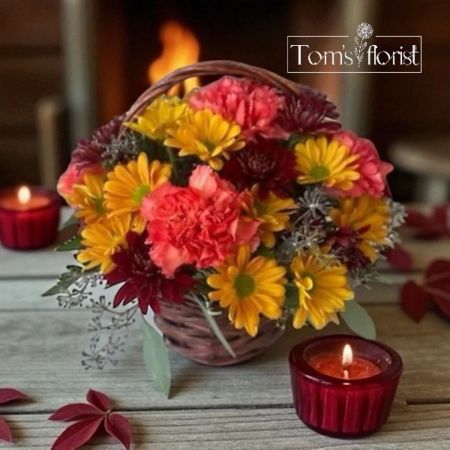 Tom's Florist Smyrna - Celebrate the beauty of the season with our Fall Basket, featuring a warm mix of autumn-inspired flowers and seasonal greenery arranged in a classic basket. With rich fall colors and a touch of rustic charm, it’s a beautiful way to send a little bit of fall to someone special.

As Shown: Designed with beautiful fall-colored carnations, seasonal flowers, and greenery arranged in a classic basket.

Deluxe: Features the same beautiful fall-inspired design, upgraded with roses along with the seasonal flowers and greenery.