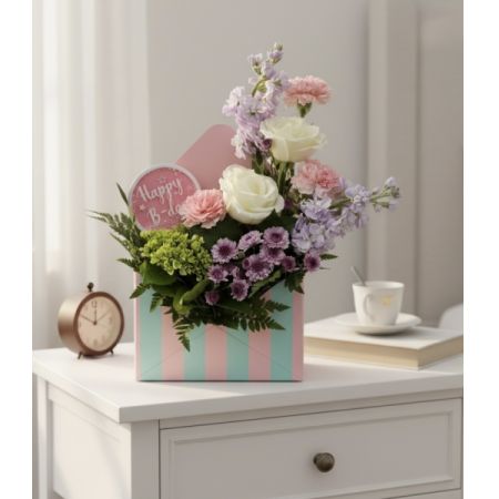 Tom's Florist Smyrna - Celebrate their special day with our Birthday Bloom Box, a stylish floral arrangement designed in a chic envelope-style container. Featuring soft hues of pink, white, and lavender, this design is fresh, elegant, and full of birthday charm.

Each bloom is hand-selected for beauty and vibrancy, creating a thoughtful gift that says “Happy Birthday” with grace and style.

Please Note: Flower varieties may vary based on availability while maintaining the overall design and color palette. Envelope colors may vary in pink, white, or purple, always chosen to complement the arrangement.