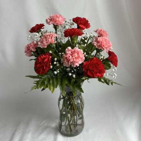 Conroy's Flowers San Diego San Diego - An elegant gathering of blush and ruby carnations, delicately accented with baby’s breath and lush greens, arranged in a clear glass vase. Softly romantic and timelessly refined, this bouquet expresses grace, devotion, and quiet luxury.