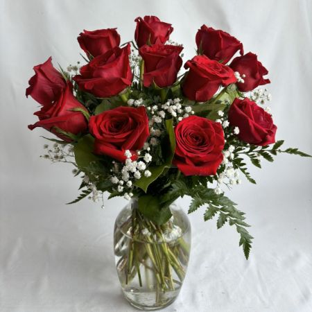 Conroy's Flowers San Diego San Diego - A timeless arrangement of velvety red roses, accented with airy white blooms and lush greenery. Classic, romantic, and impeccably refined, it’s a luxurious expression of love and elegance.