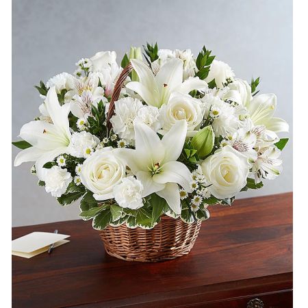 Conroy's Flowers El Cajon El Cajon - Invoke feelings of innocence, love, and light with "Peace, Prayers & Blessings™ All White." The color white symbolizes the original goodness that exists in us all. This arrangement of all-white blooms is artistically designed inside a keepsake willow basket, providing a touching way to offer sincere blessings in honor of a kind and virtuous soul. With our same-day flower delivery, you can promptly share this thoughtful arrangement with those who are mourning. "Peace, Prayers & Blessings™ All White" is a heartfelt expression that brings solace and warmth during challenging moments, offering support and comfort.