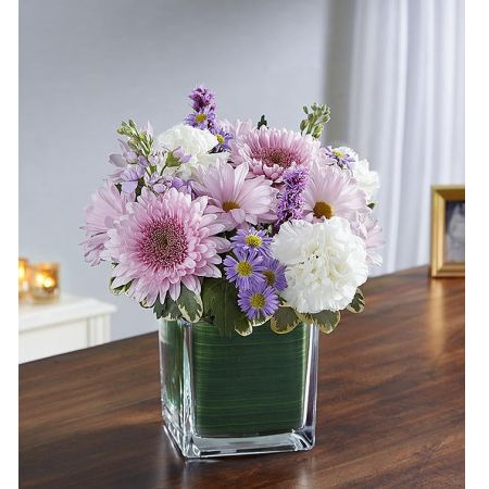Conroy's Flowers El Cajon El Cajon - Soothe the tears of another and find solace in your own sadness with "Soothing Sorrows Lavender & White." This sympathy arrangement features calming lavender stock, daisy poms, white roses, and carnations, expertly gathered together in a clear glass cube lined with Ti leaf ribbon. It is a graceful gesture of comfort and healing. With our same-day flower delivery, you can promptly extend your condolences and offer a source of comfort to those in mourning. "Soothing Sorrows Lavender & White" is a beautiful and heartfelt arrangement that brings warmth and solace during difficult moments.