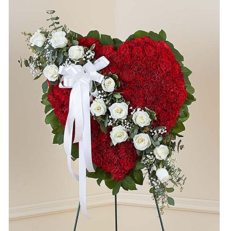 Conroy's Flowers El Cajon El Cajon - Create a special tribute to honor your loved one with the Always Remember™ Floral Heart Tribute - Red with White Roses. This heart-shaped standing arrangement is crafted with fresh red carnations, creating a bold and heartfelt display. A cascading sash of white roses, adorned with a white satin ribbon, adds an elegant touch to express your sincere devotion and sympathy. The combination of red and white blooms symbolizes love, purity, and remembrance, making it a beautiful and meaningful tribute to the funeral services.