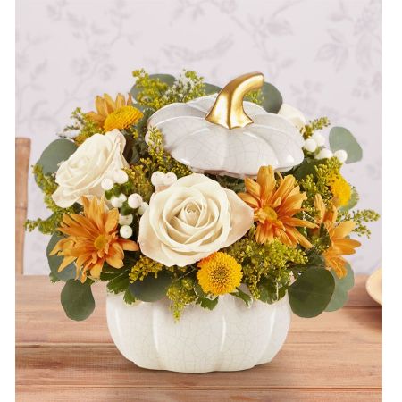 Conroy's Flowers El Cajon El Cajon - EXCLUSIVE A plentiful mix of blooms gives our autumn arrangement an undeniable charm. Loosely gathered in cream and fall tones, it’s the perfect contrast to our modern-styled pumpkin. Featuring a white satin finish, crackle detail and rich golden accents, this harvest-inspired container is perfect for repurposing.