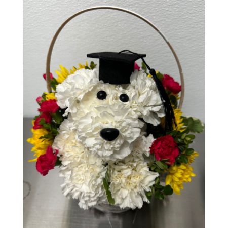 Conroy's Flowers El Cajon El Cajon - Honor your graduate’s success with this charming floral creation. Featuring a puppy crafted from white carnations and adorned with vibrant accent flowers and a graduation cap, it’s a heartfelt and memorable gift that’s sure to stand out!