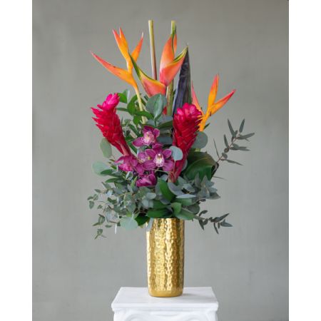 Conroy's Flowers El Cajon El Cajon - transport to a tropical haven with its lush blooms arranged in a radiant gold container. Radiating warmth and luxury, this vibrant bouquet brings the essence of paradise into your home or special event, infusing every moment with tropical bliss and golden charm.