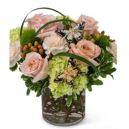 Morningside Florist Rancho Cordova - Show your appreciation with the Song of Gratitude bouquet. A pair of butterflies visit this grouping where pink roses, green hydrangea, carnations, dianthus and berries are topped with loops of lily grass. This gift is sure to be a pleasant surprise.