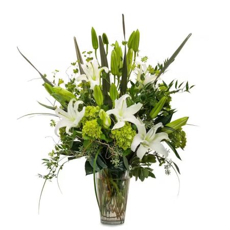 Morningside Florist Rancho Cordova - A elegant combination of premium foliage, green hydrangea and hybrid lilies in a clear vase.