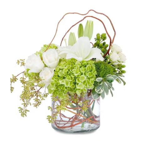 Morningside Florist Rancho Cordova - A naturally styled combination of lilies, roses and hydrangea in a clear vase accented with curly willow to make this simply styled design.