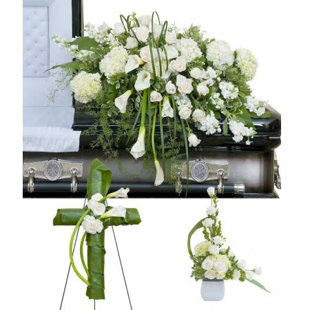 Morningside Florist Rancho Cordova - Elegant white casket spray, wreath, and tribute.  The Elegance Trio from Morningside Florist in Sacramento, CA, presents a refined and graceful expression of love and remembrance. This set, consisting of a casket spray, a standing cross, and a complementary vase arrangement, is designed with a serene palette of white and soft greens, evoking a sense of peace and tranquility during times of reflection and mourning.  White roses, synonymous with reverence and innocence, and calla lilies, representing majestic beauty and purity, are the focal points of these arrangements. Accented with lush hydrangeas and delicate sprays of greenery, the Elegance Trio encapsulates a dignified homage to a cherished life. The fluid lines of greenery and floral design suggest a continuity of life and the enduring nature of memories.  Choosing the Elegance Trio from Morningside Florist means selecting a symbol of sophistication and heartfelt sentiment. Their commitment to quality and sensitivity to expressing sympathy is evident in every petal and leaf. This collection from Morningside Florist is not just a visual comfort to the bereaved but also a noble tribute to the timeless beauty of a life well-lived.