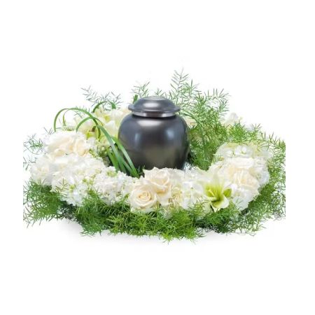 Morningside Florist Rancho Cordova - White and cream blooms surround the urn of your loved one.