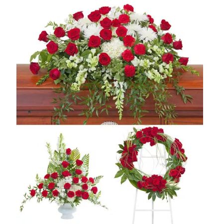Morningside Florist Rancho Cordova - Red and white casket spray, urn, and wreath.  The Enduring Strength Trio from Morningside Florist in Sacramento is a profoundly touching and dignified way to convey sympathy and respect during loss. This trio of arrangements\u2014featuring a casket spray, a standing wreath, and an elegant vase arrangement\u2014creates a cohesive and striking tribute that celebrates life with honor and beauty.  Crafted with deep red roses, which symbolize love and grief, and complemented by pristine white blooms signifying purity and reverence, the arrangements come together to represent enduring strength and the everlasting nature of memories. The vivid contrast of red against white not only catches the eye but also touches the heart, embodying the passion of love and the solemnity of farewell. Choosing the Enduring Strength Trio from Morningside Florist is a thoughtful testament to the bond shared with the departed. It is a powerful way to express your support and share in mourning, providing a sense of solidarity and comfort to those who grieve. Morningside Florist\u2019s dedication to delivering arrangements that encapsulate the depth of emotion and meticulous care ensures this final farewell is as beautiful and profound as the life being honored.