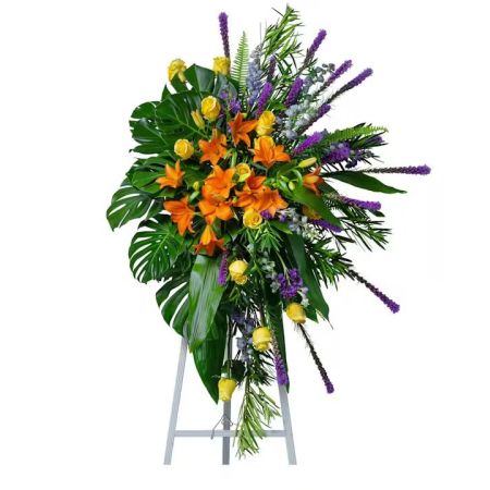 Morningside Florist Rancho Cordova - The Birds of Solace Standing Spray will capture the spirit of joy your loved one brought to life with bright blooms such as yellow roses, orange lilies, purple liatris, and lavender delphinium nestled into a lush mixture of Florida foliage like monstera and podocarpus. Appropriate for funerals and graveside services.