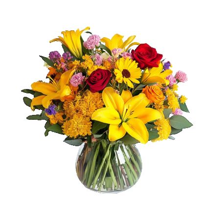 Morningside Florist Rancho Cordova - This Autumn inspired bouquet featuring yellow lilies radiates warmth and elegance. The star of the arrangement, yellow lilies, bring a vibrant energy with their large, trumpet-shaped blooms and delicate fragrance.