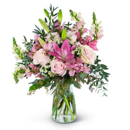 Morningside Florist Rancho Cordova - Nature's beauty simply has a way of bringing harmony into the world. Study the soft petals of a rose, how they layer softly one on top of another or the gradual way a lily opens into its full glory. The Peaceful Pink Meadow arrangement features Roses, Asiatic Lilies, Snapdragons and Alstroemeria and is a great way to express tranquility.