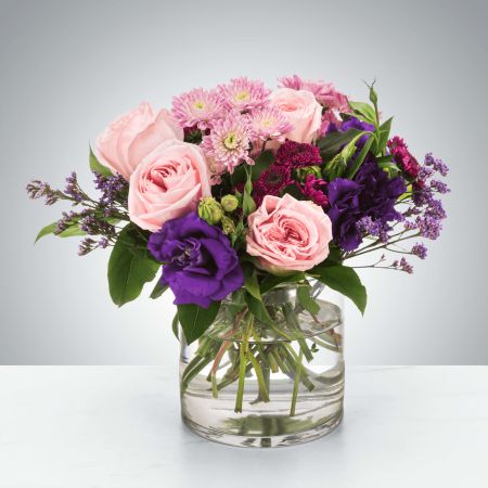 Morningside Florist Rancho Cordova - A selection of pink and purple flowers come together in an eye-pleasing arrangement. This arrangement makes a great gift for Mother's Day, Women's Day, or as a thinking of you present.  Approximate Dimensions: 8''D x 8''H
