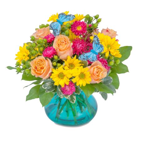 Morningside Florist Rancho Cordova - This bright, cheerful combination of yellow and white daisies, chrysanthemums, roses, lilies, berries and sea glass in the fun and festive vase are sure to brighten any day, just like a day at the beach....