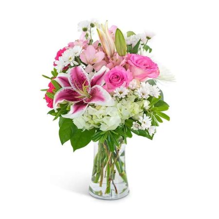 Morningside Florist Rancho Cordova - A splish and splash of brilliance and vibrant colors! Watercolor Memory is a watercolor painting of flowers, brought to life. With fantastic white hydrangea, energetic alstroemeria and oriental lilies, accompanied by carnations and roses,