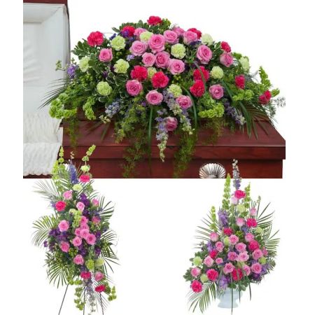 Morningside Florist Rancho Cordova - Forever Cherished Trio includes a casket spray, standing easel spray, and crescent urn arrangement.  The \