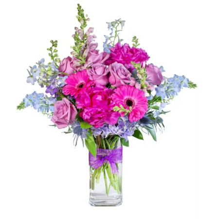 Morningside Florist Rancho Cordova - You can't help smiling. Shades of Happiness brings joy and cheer for any occasion. A variety of pink and purple flowers complement this cylinder vase.