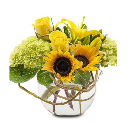 Morningside Florist Rancho Cordova - A burst of sunshine in this mix of sunflowers with yellow lilies, roses and hydrangea in a bubble bowl.