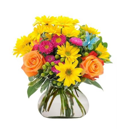 Morningside Florist Rancho Cordova - Our Lemon Lift bouquet is guaranteed to elevate the mood and brighten a space. A delightful butterfly accent flutters above a bright, cheery blend of fresh-cut daisy poms, free-spirit roses, asters, and berries.