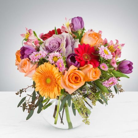 Morningside Florist Rancho Cordova - This garden style arrangement includes gerbera daisies, roses, tulips, alstroemeria, and seasonal blooms. This is a great gift for a birthday or Mother's Day.