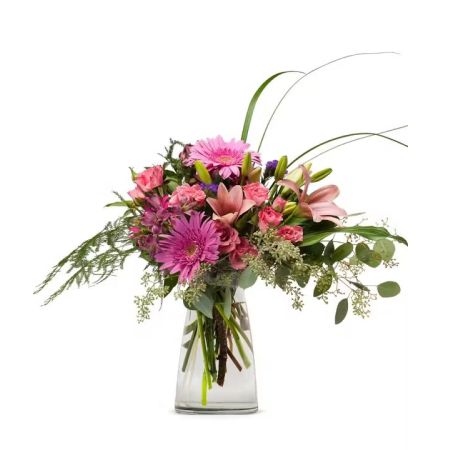 Morningside Florist Rancho Cordova - This cheeky pink mix of fabulous fresh flowers is a perfect gift for a loved one, friend, family member, boss, or just someone you want to send flowers too.  Joyful and sassy Gerbera Daisies surrounded by Roses, Lilies and lively green foliage.