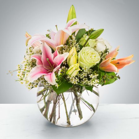 Morningside Florist Rancho Cordova - A beautiful bubble arrangement, featuring pink lilies, white and soft colored roses, and more, this arrangement is the perfect all-occasion gift. Pearls are the birthstone of June making this a great option for an early summer birthday!  Approximate Dimensions: 10''D x 13''H
