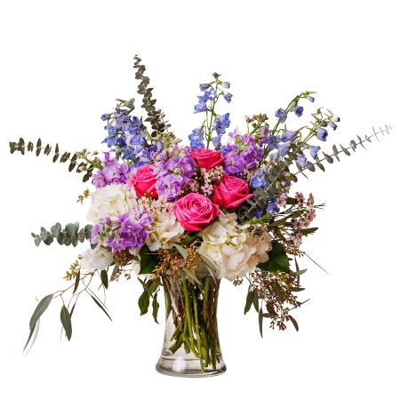 Morningside Florist Rancho Cordova - Happiness in the palette for this arrangement. Cupid's Kiss is as pretty as it sounds. Pink roses and white hydrangeas are tastefully arranged in this cylinder vase, that will be adorned with Valentine's touches