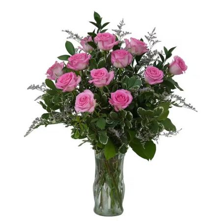 Morningside Florist Rancho Cordova - 12 Pink Roses arranged to perfection in a clear vase.