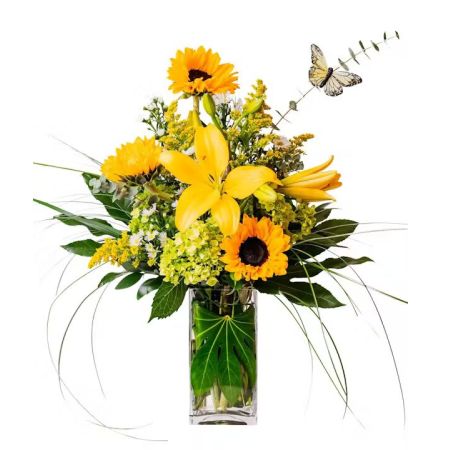 Morningside Florist Rancho Cordova - Lift their spirits high. Taking Flight's sunny yellows will have them soaring with happiness. Yellow lilies, sunflowers and other flowers are playfully arranged in this sunny arrangement.