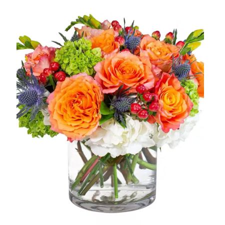Morningside Florist Rancho Cordova - Beauty and grace define. Roses, Hydrangea, and Blue Thistle are tastefully blended in this sophisticated arrangement.